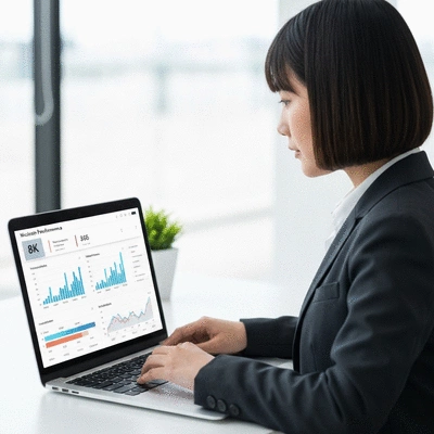 Professional showing website performance metrics on laptop screen