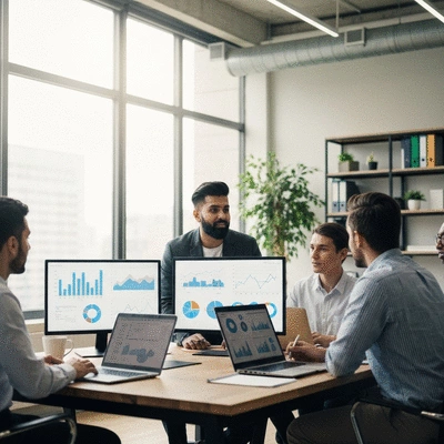 Professional digital marketing team analyzing link building strategy with charts and graphs on multiple screens