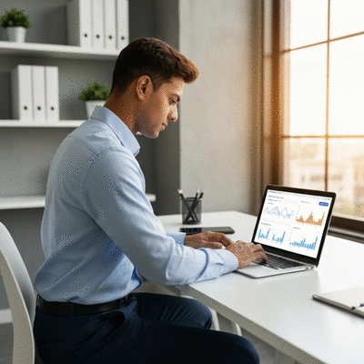 Professional using SEO analytics dashboard on laptop
