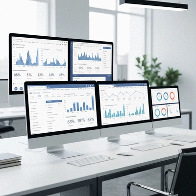 Professional SEO dashboard showing multiple analytics tools and data visualizations
