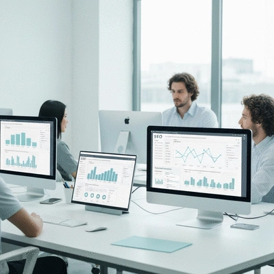 Modern office workspace with multiple computer monitors displaying SEO analytics and workflow automation tools
