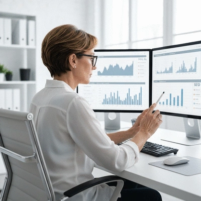 Professional content strategist analyzing data on multiple monitors showing content gaps and SEO metrics