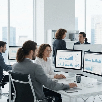 Professional team analyzing website analytics and link building metrics on computer screens