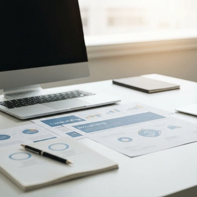 Modern workspace with linkbuilding strategy documents and SEO planning materials