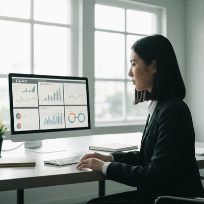 Professional SEO strategist working with E-E-A-T optimization charts and analytics