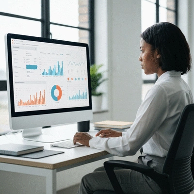 Professional SEO specialist analyzing website performance metrics on computer screen