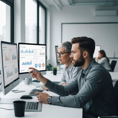 Digital marketing team reviewing analytics dashboard and content performance metrics