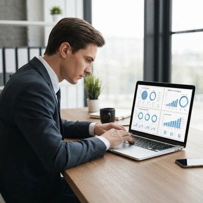Business person working on SEO strategy with charts and analytics
