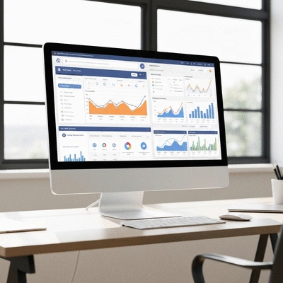 Professional workspace showing SEO monitoring tools and analytics dashboard on computer screen