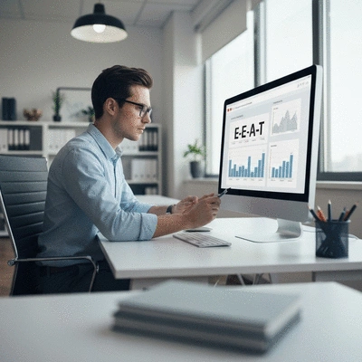 Professional SEO specialist analyzing E-E-A-T factors on computer screen