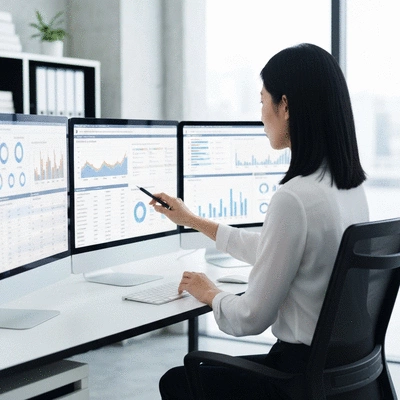 Professional SEO analyst using backlink analysis tools on computer dashboard