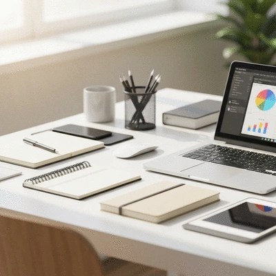 Modern content creation workspace with laptop, notebooks, and SEO tools