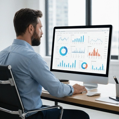 Professional content strategist analyzing website content on computer screen with charts and analytics