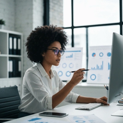 Professional SEO analyst examining broken links on computer screen with analytics dashboard