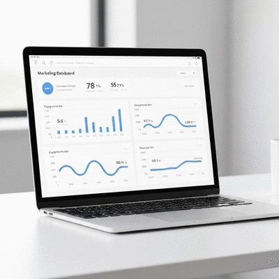 Marketing dashboard with analytics charts showing content performance metrics and KPIs