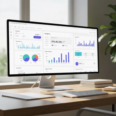 Modern SEO dashboard interface with analytics charts and data