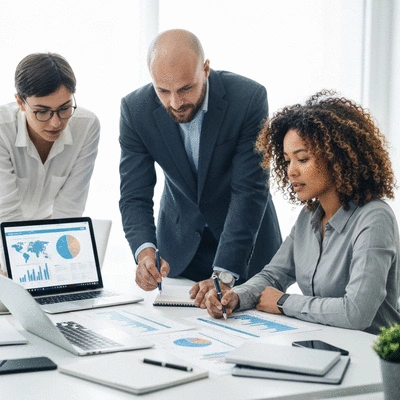 Business team working on content strategy planning with charts and digital devices