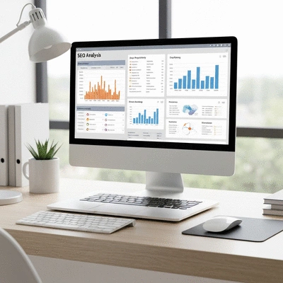 Modern workspace with SEO analysis tools and reports
