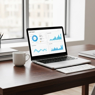 Modern workspace with laptop displaying SEO analytics dashboard and performance metrics