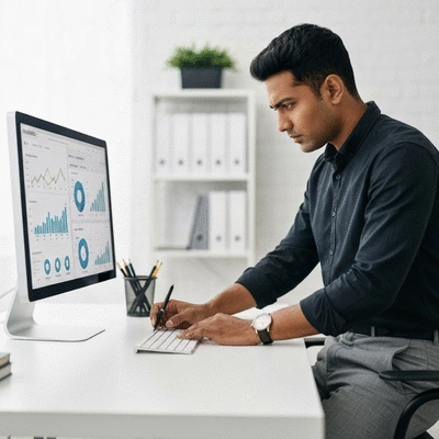 SEO analyst working with data dashboard and analytics on computer screen