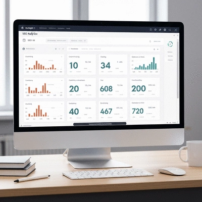 Professional SEO analytics dashboard showing crawling statistics and optimization metrics