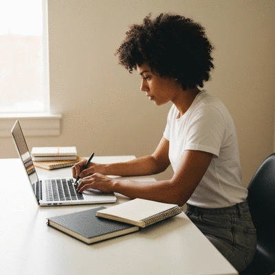 Person working on storytelling content strategy with laptop and notebooks