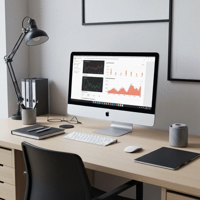 Clean modern workspace with computer showing website optimization tools and performance analytics