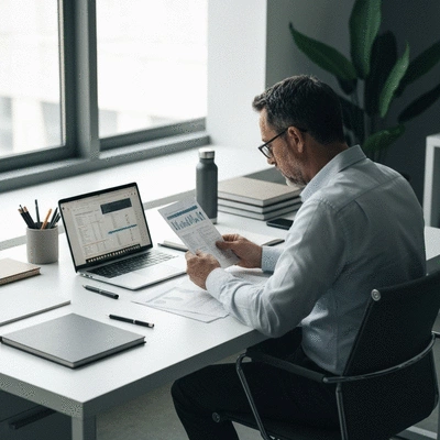 Professional content creator reviewing documents and research materials on a clean desk