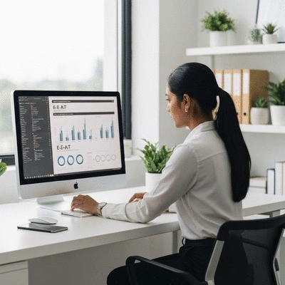 Professional SEO specialist analyzing E-E-A-T metrics on computer screen
