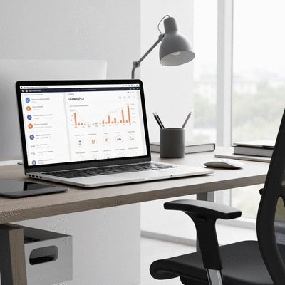 Modern workspace with laptop displaying SEO analytics dashboard and digital marketing tools