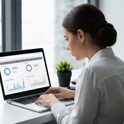 Professional SEO expert analyzing website performance on laptop with charts and graphs