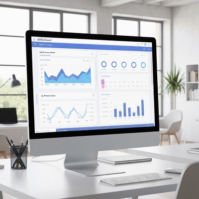 Professional SEO dashboard interface showing analytics and metrics