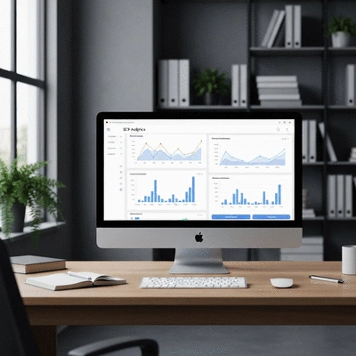 Modern workspace with SEO analytics dashboard on computer screen