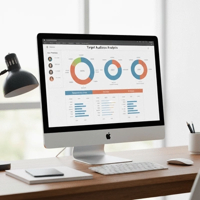 Modern workspace showing target audience analysis with charts, demographics data, and user personas on computer screen