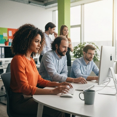 Team implementing SEO workflow in modern office environment