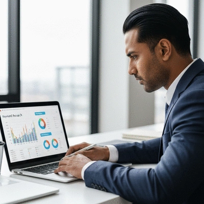 Professional analyzing keyword research data on laptop screen with charts and graphs