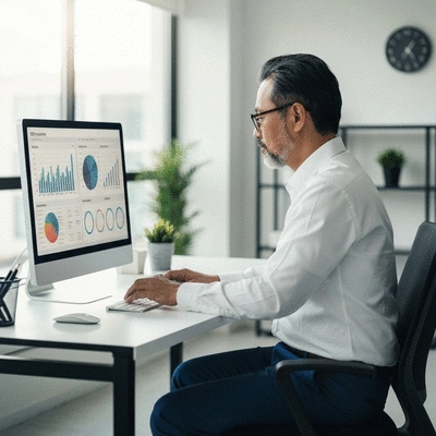 Professional working at computer analyzing SEO data and website performance