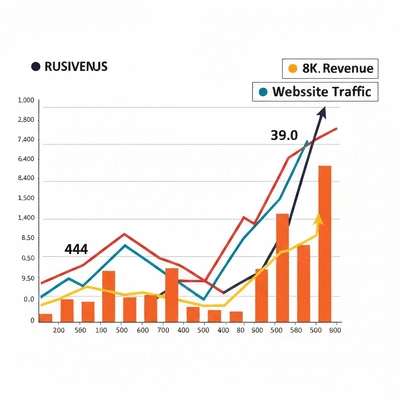 Business growth chart showing increased revenue and website traffic metrics
