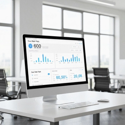 Professional website performance dashboard showing Core Web Vitals metrics on a modern computer screen
