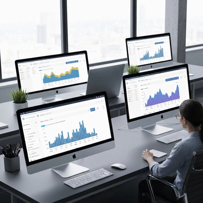 Multiple SEO tools dashboard comparison on computer screens