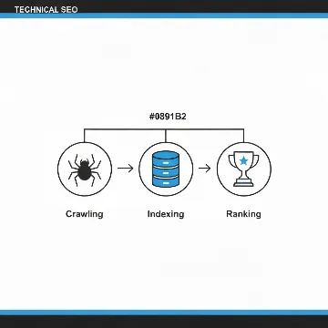 Diagramm des technischen SEO-Prozesses von Crawling über Indexierung bis zum Ranking