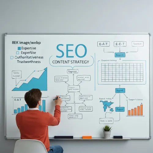 Eine Person, die an einem Whiteboard eine Content-Strategie mit Notizen und Diagrammen entwickelt.