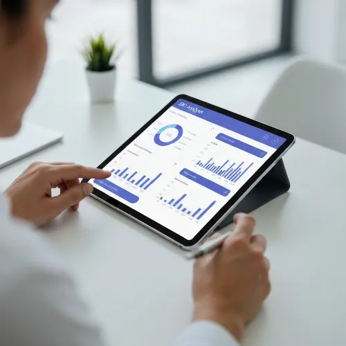 Ein SEO-Experte analysiert Daten auf einem modernen Dashboard, um die Website-Performance zu optimieren